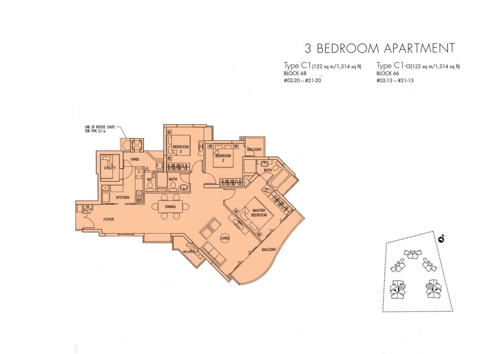 Cote D'Azur floor plan Type C1, 1313 sqft, Marine Parade, Singapore