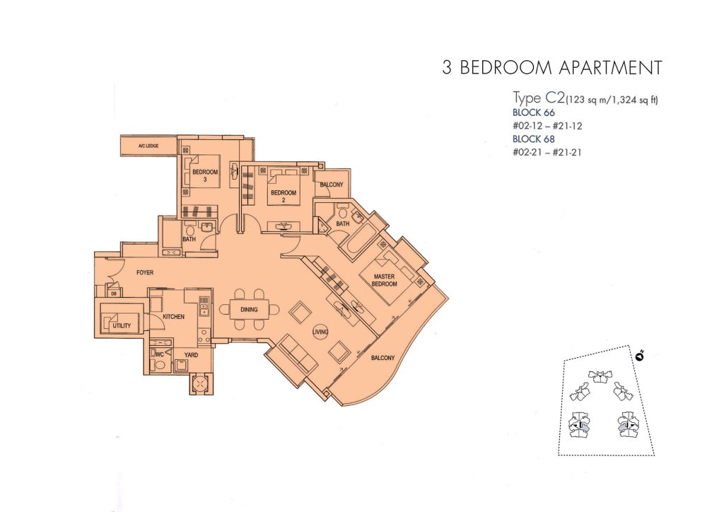 Cote D'Azur floor plan Type C2, 1324 sqft, Marine Parade, Singapore