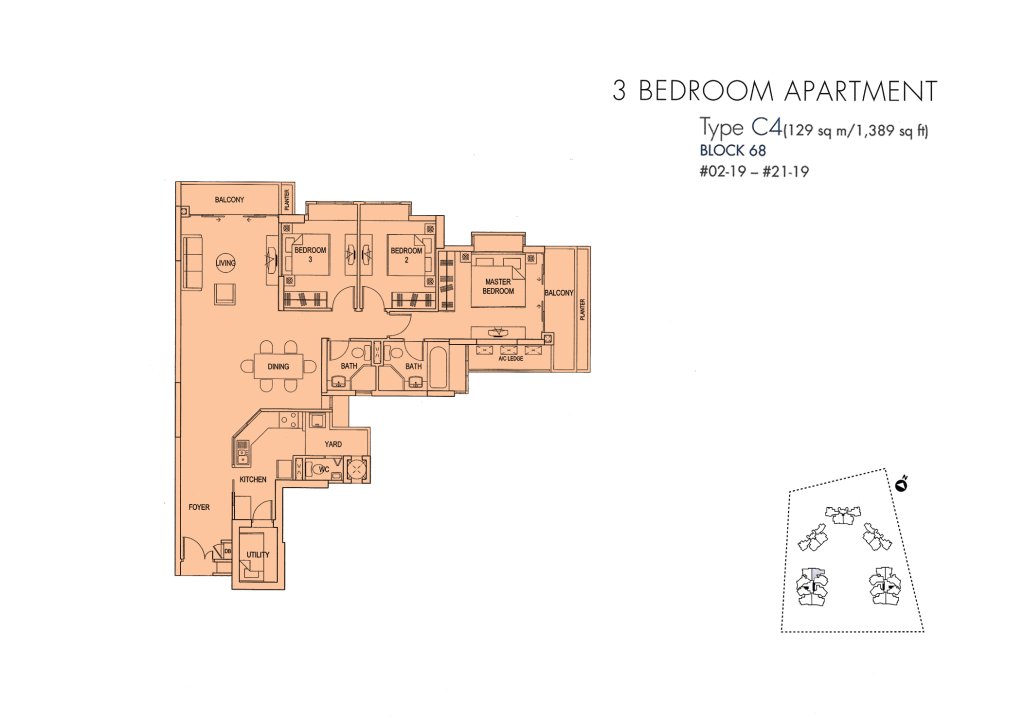 Cote D'Azur floor plan Type C4, 1389 sqft, Marine Parade, Singapore