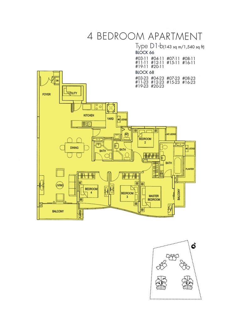 Cote D'Azur floor plan Type D1, 1539 sqft, Marine Parade, Singapore