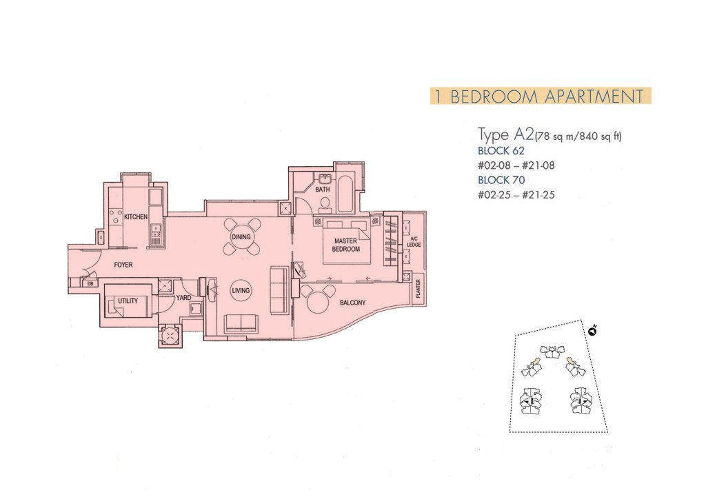 Cote D'Azur floor plan Type A2, 840 sqft, Marine Parade, Singapore