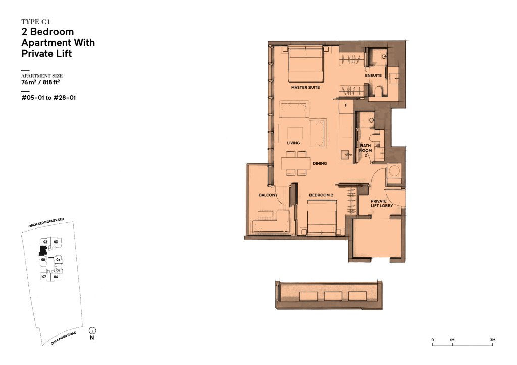 Cuscaden Reserve floor plan 818 sqft Type C1