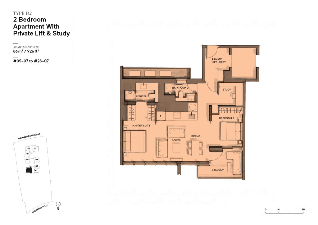 Cuscaden Reserve floor plan 926 sqft Type D2
