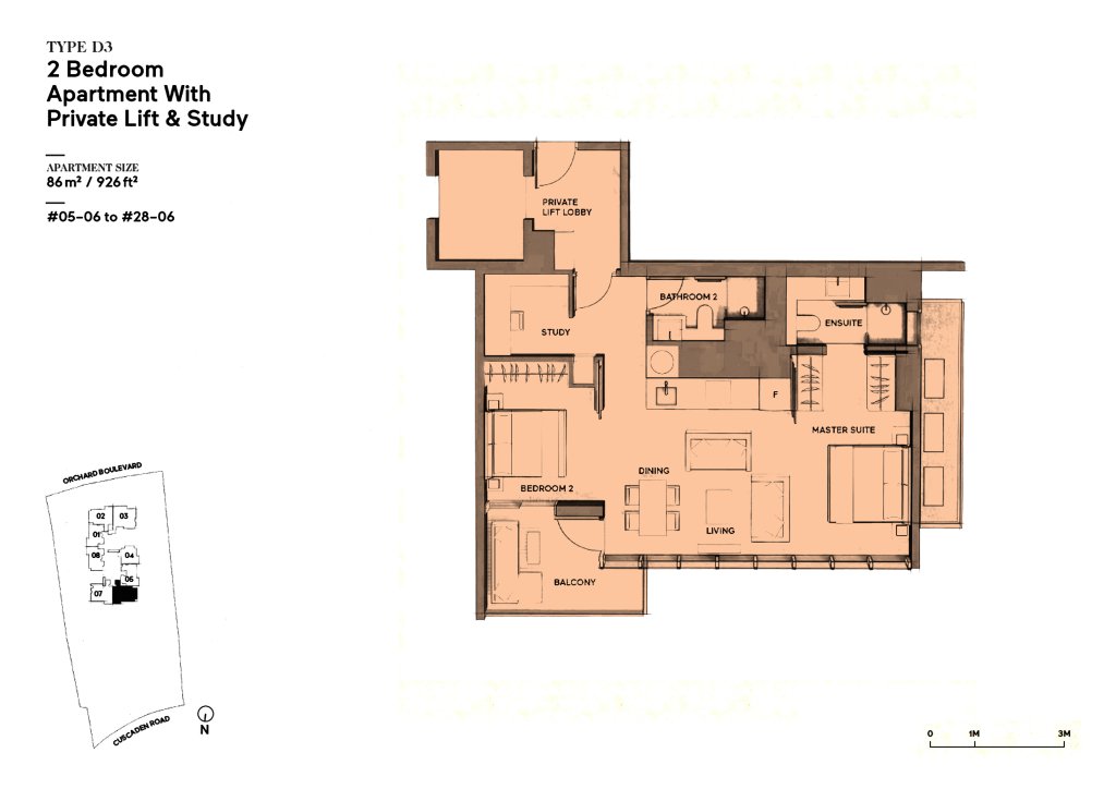 Cuscaden Reserve floor plan 936 sqft Type D3