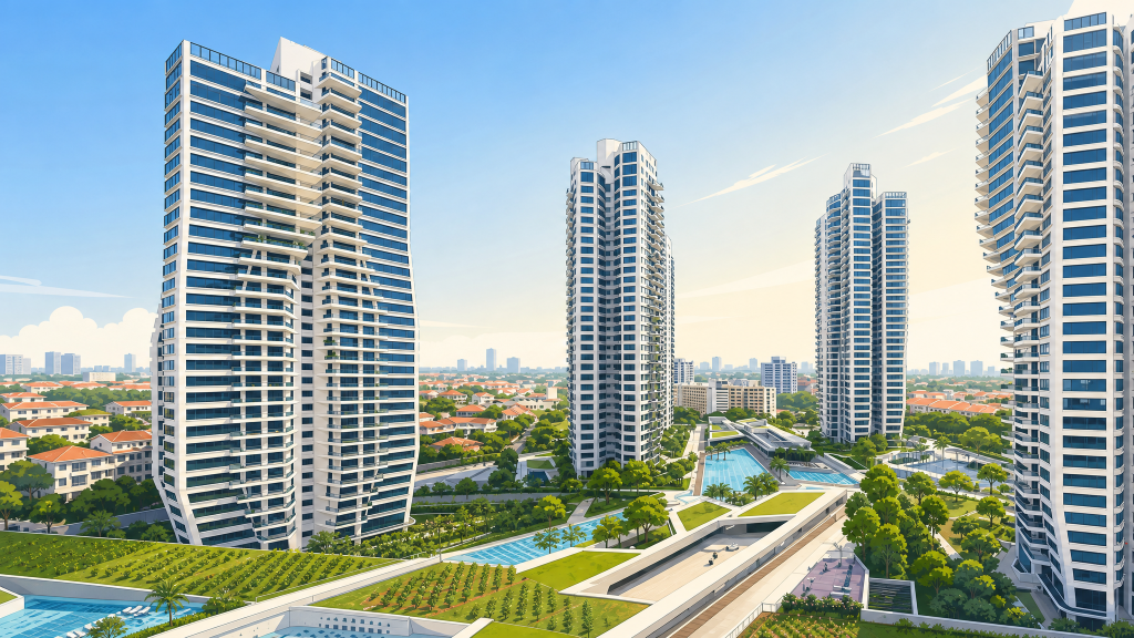 D'Leedon the petal towers above the low-rise wing