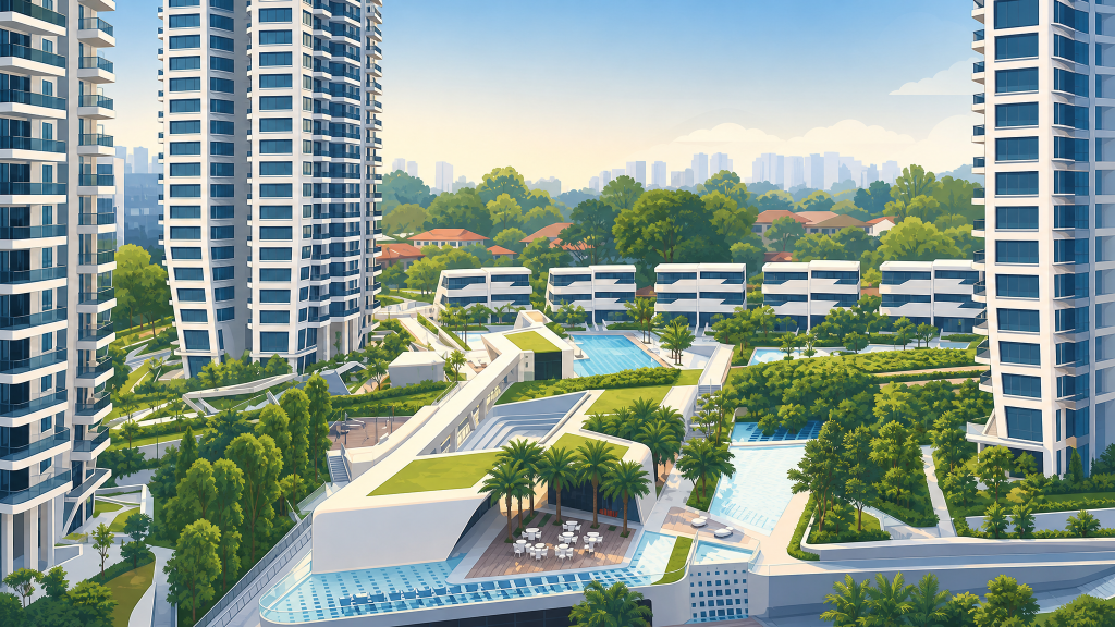 D'Leedon aerial view of the pool and clubhouse