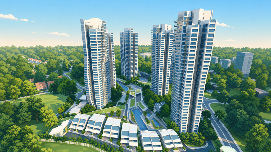 D'Leedon aerial view of the towers amid the greenery