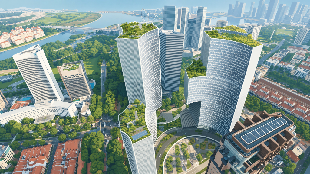 DUO Residences aerial view of the towers and the plaza
