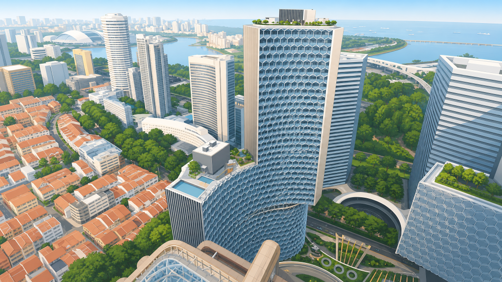 DUO Residences aerial view of the towers over the shophouses