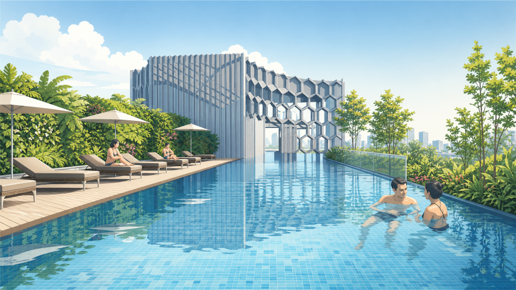 DUO Residences pool and the honeycomb facade