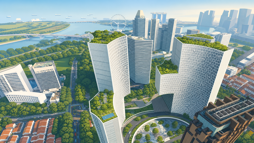 DUO Residences aerial view of the towers towards the bay