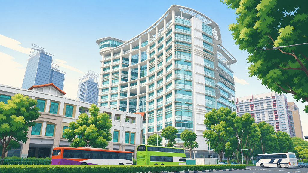 DUO Residences the podium and shophouses from the road