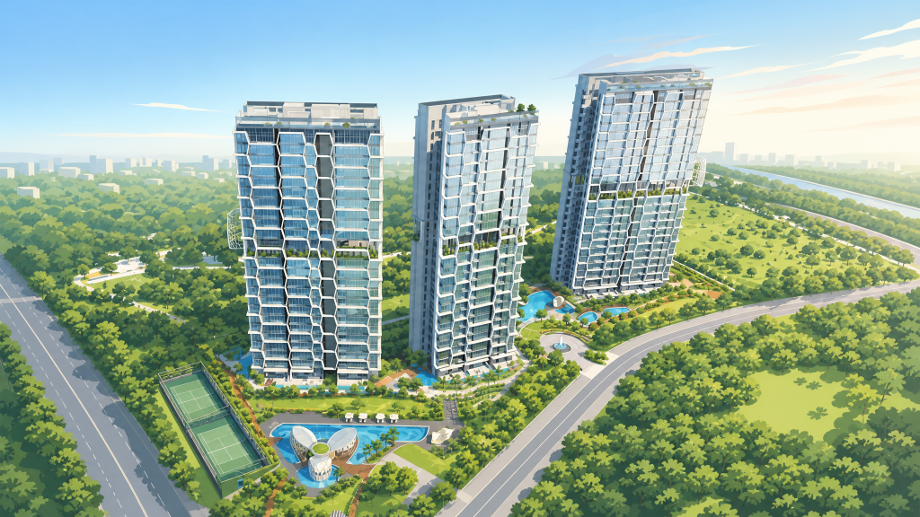 Eco Sanctuary aerial view of the towers beside the forest