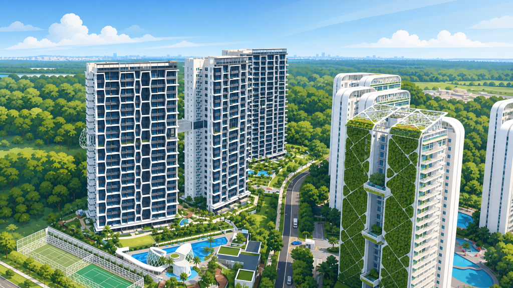 Eco Sanctuary towers and green-clad facade from above