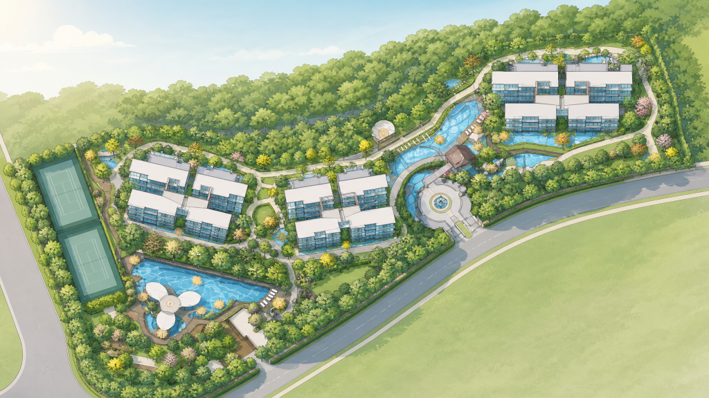 Eco Sanctuary aerial illustration of the site and facilities