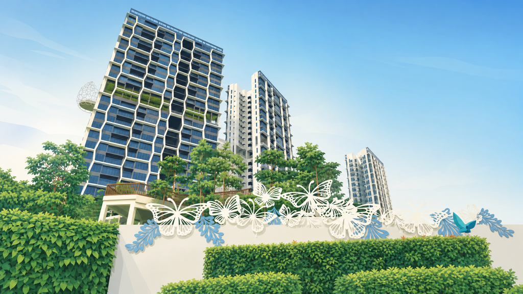 Eco Sanctuary towers and butterfly sculpture screen