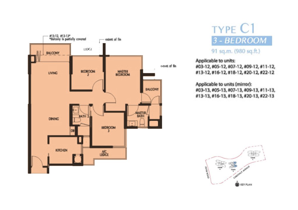 Eco Sanctuary floor plan 980 sqft Type 3BR
