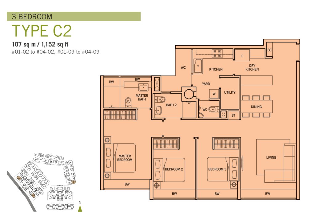 Flamingo Valley floor plan Type C2, 1152 sqft, Bedok, Singapore