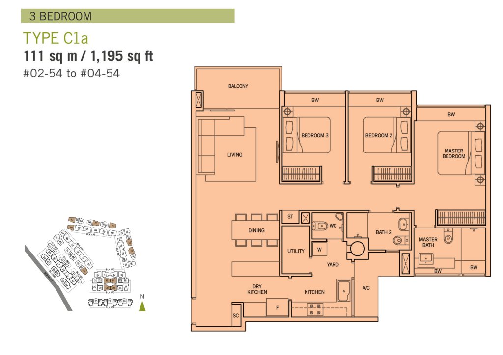 Flamingo Valley floor plan Type C1a, 1195 sqft, Bedok, Singapore