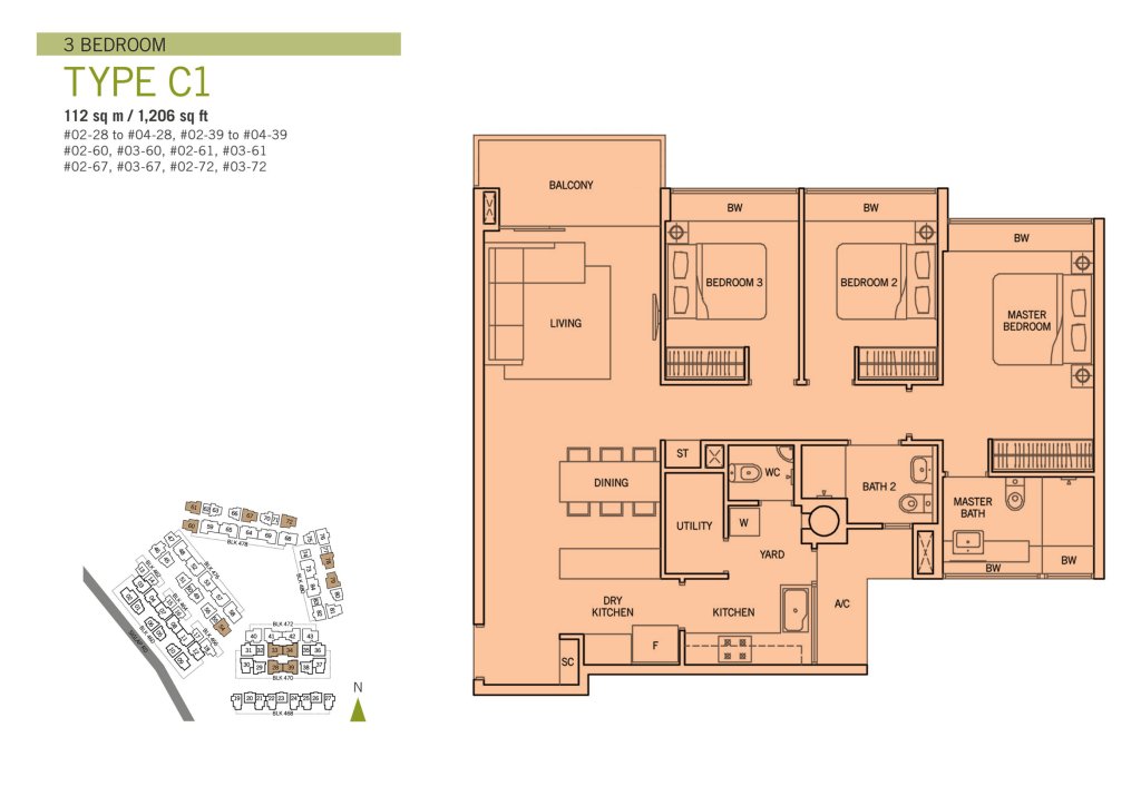 Flamingo Valley floor plan Type C1, 1206 sqft, Bedok, Singapore