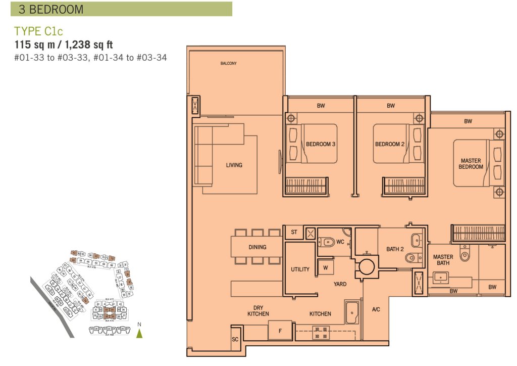 Flamingo Valley floor plan Type C1c, 1238 sqft, Bedok, Singapore