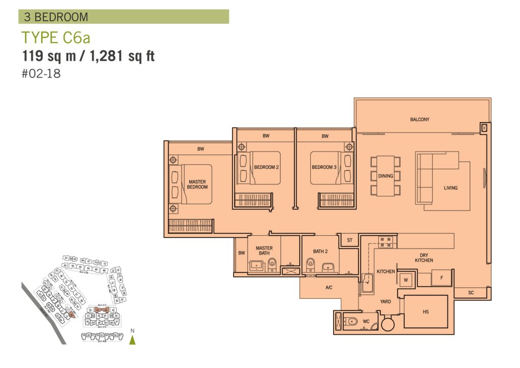 Flamingo Valley floor plan Type C6a, 1281 sqft, Bedok, Singapore