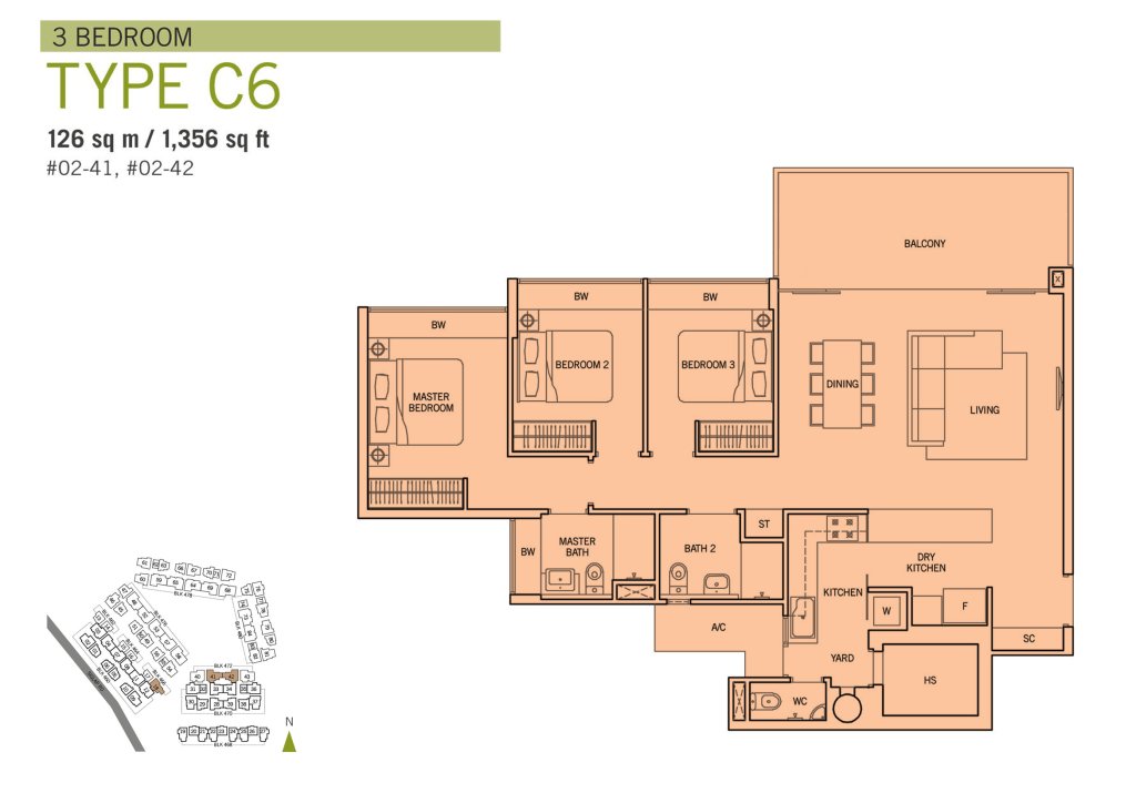 Flamingo Valley floor plan Type C6, 1356 sqft, Bedok, Singapore