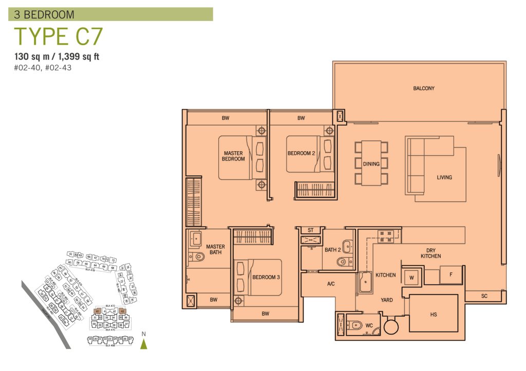Flamingo Valley floor plan Type C7, 1399 sqft, Bedok, Singapore