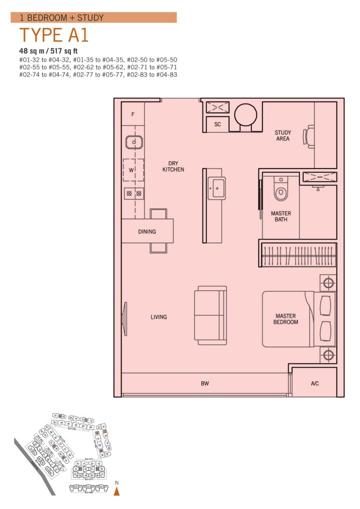 Flamingo Valley floor plan Type A1, 517 sqft, Bedok, Singapore