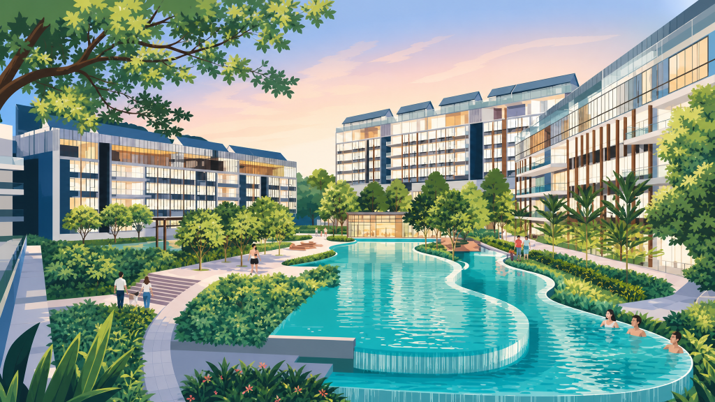 Flamingo Valley lagoon pool and low-rise blocks