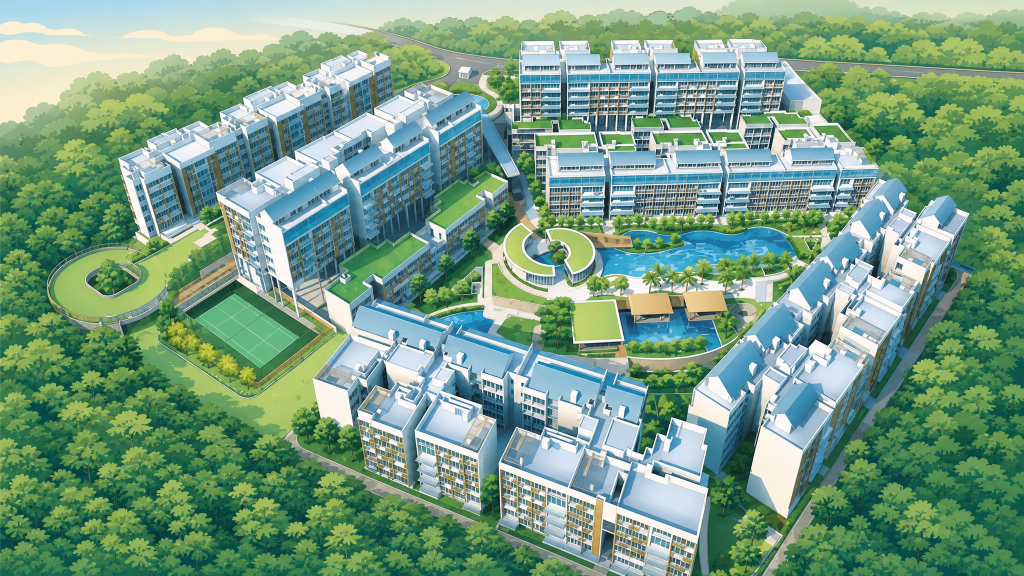 Flamingo Valley illustrated aerial view of the blocks and swimming pool, Bedok, Singapore