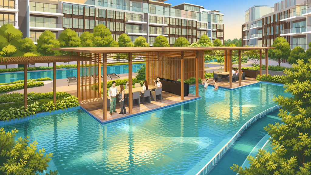 Flamingo Valley apartment blocks facing the pool