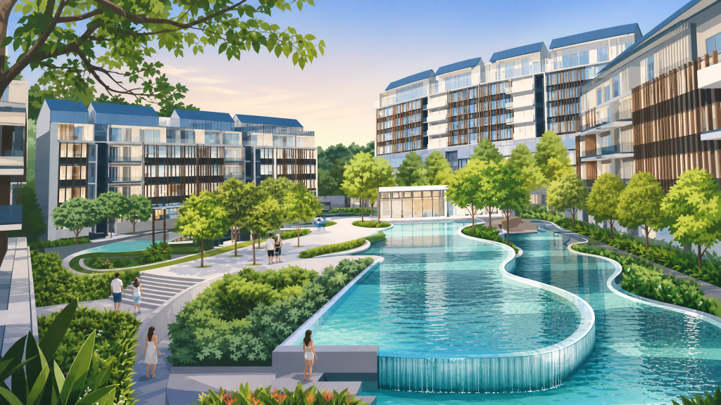 Flamingo Valley swimming pool and apartment blocks