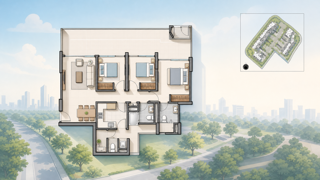 Flo Residence illustrated unit layout with the site outline, Punggol, Singapore