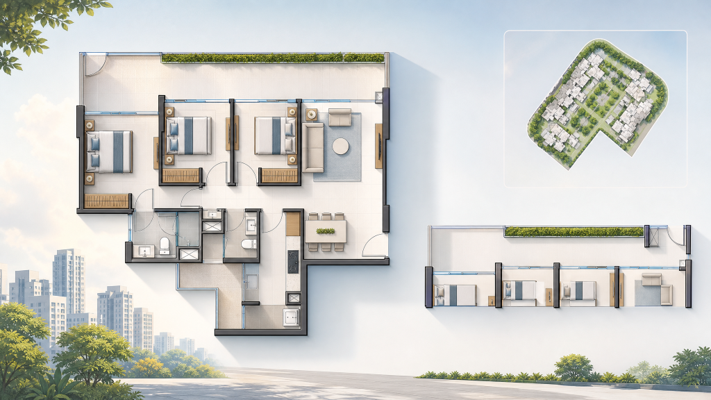 Flo Residence illustrated unit layout with the site outline, Punggol, Singapore