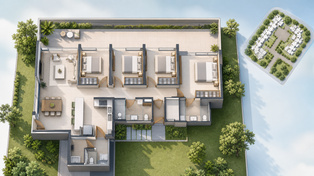 Flo Residence illustrated unit layout seen from above with the site outline, Punggol, Singapore