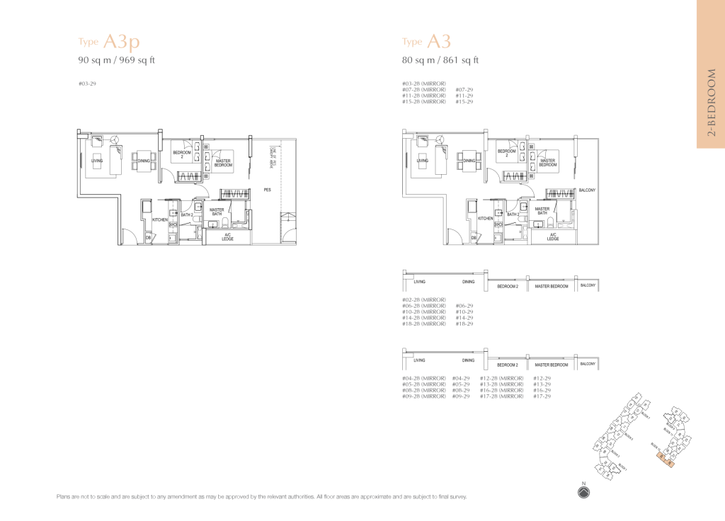 Flo Residence floor plan Type A3, 861 sqft, Punggol, Singapore