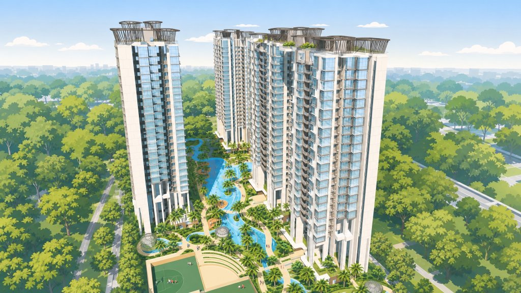 Foresque Residences aerial view of the towers and pool