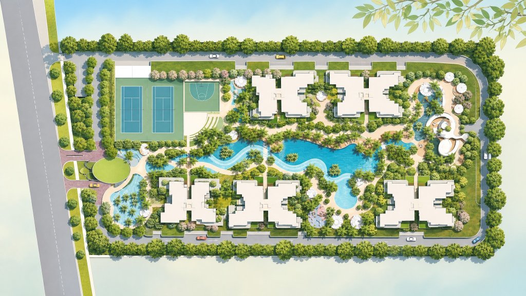 Foresque Residences aerial illustration of the site and facilities