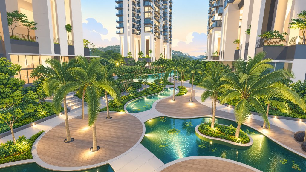 Foresque Residences pool deck and palms at dusk