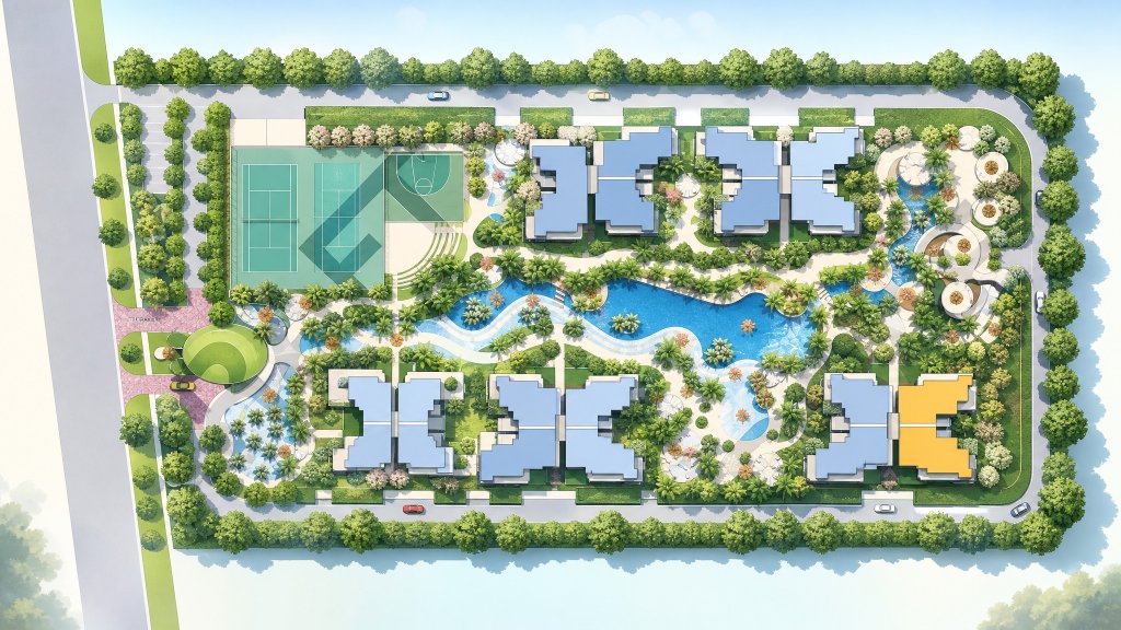 Foresque Residences aerial illustration of the grounds and facilities