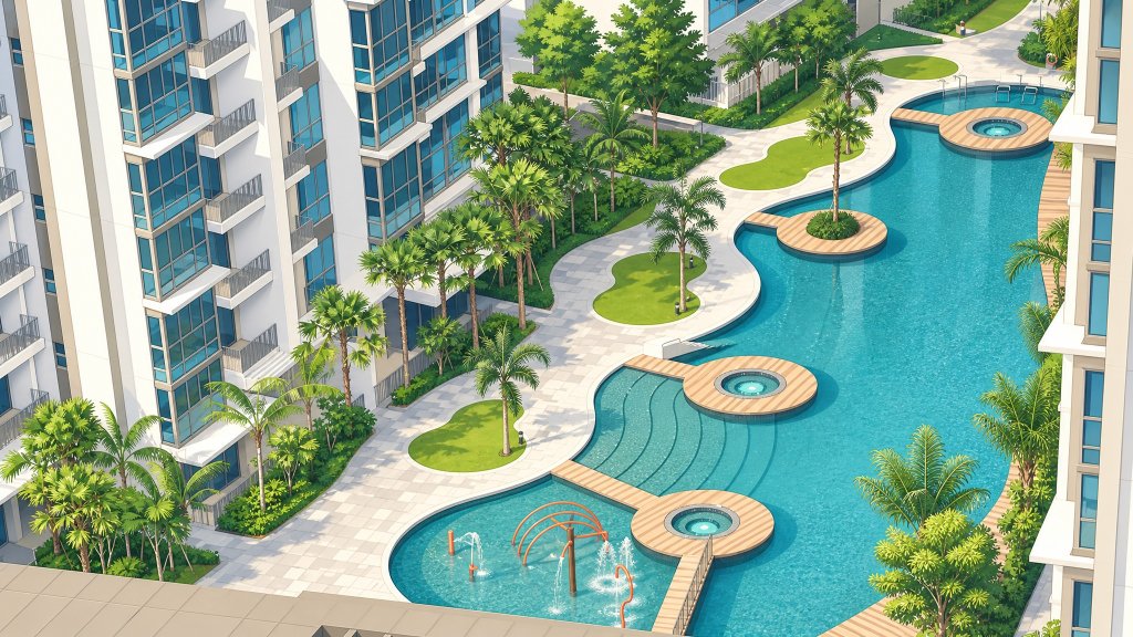 H2O Residences aerial view of the lagoon pool and towers