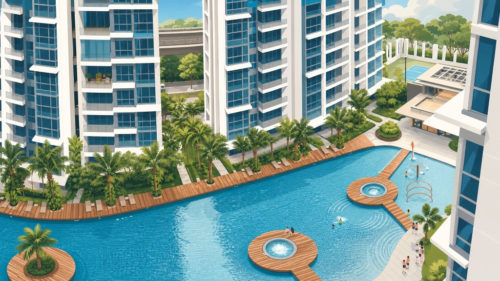 H2O Residences lagoon pool and towers with residents