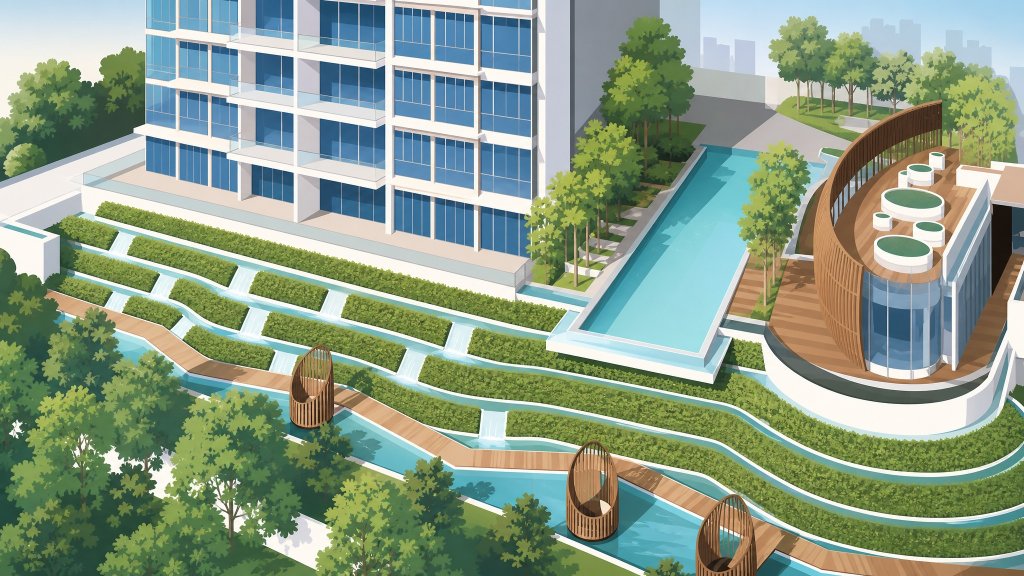 H2O Residences cascading water terraces and clubhouse