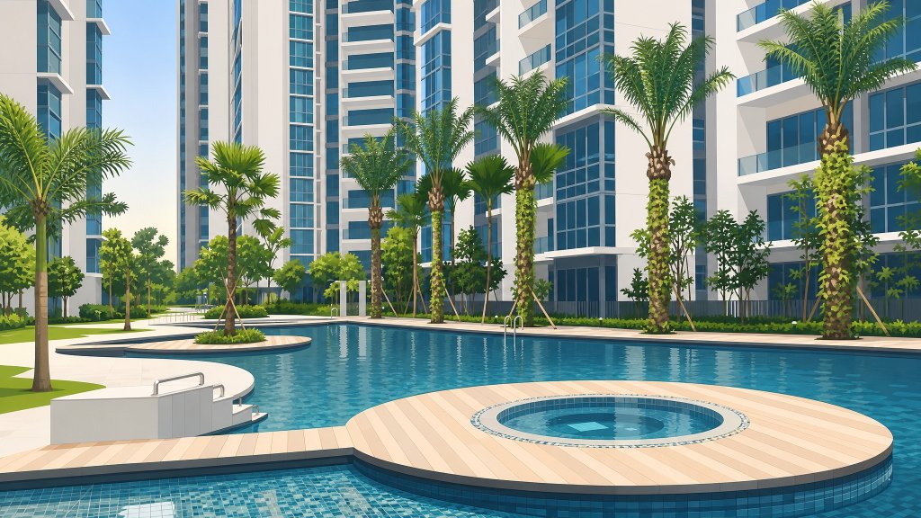 H2O Residences pool deck and towers framed by palms