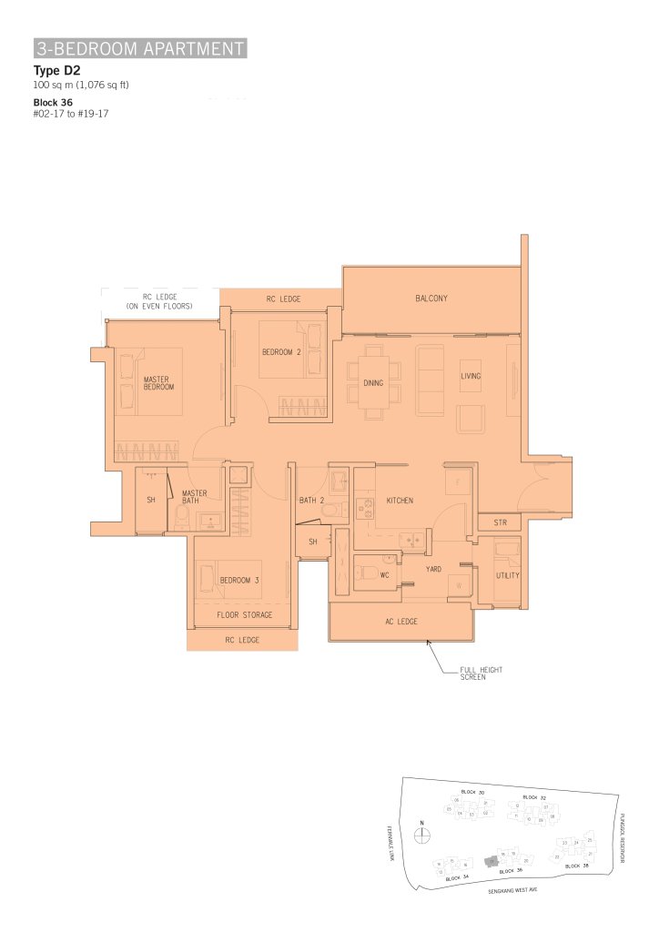 H2O Residences floor plan 1,076 sqft Type D2
