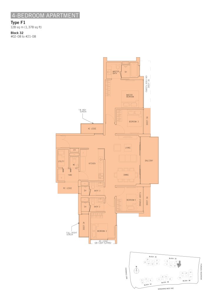 H2O Residences floor plan 1,378 sqft Type F1