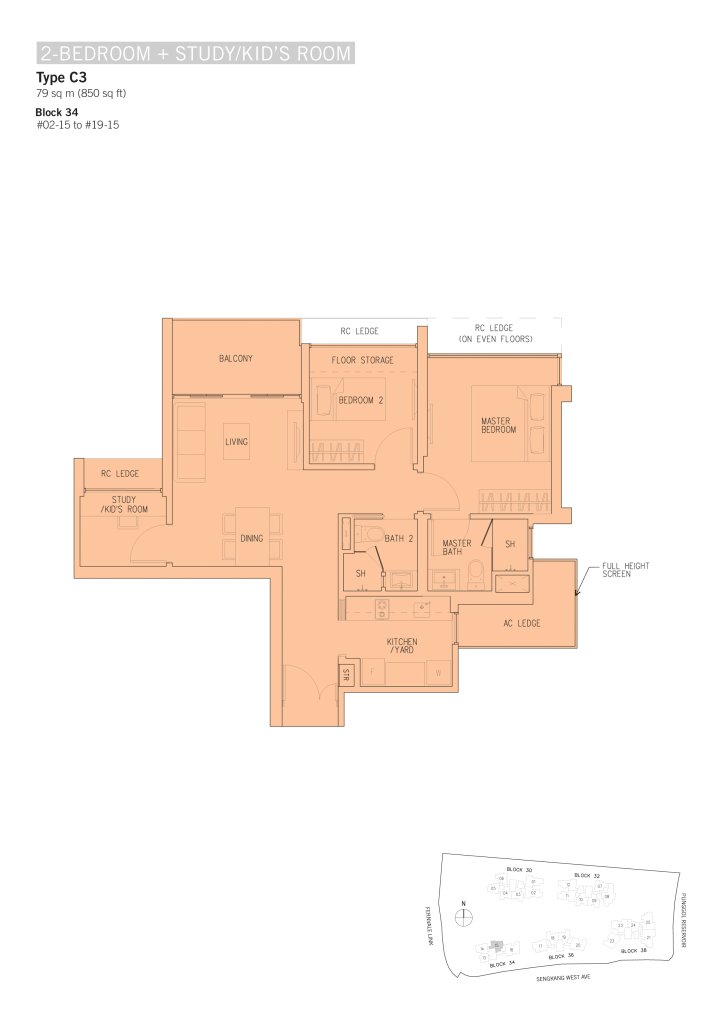 H2O Residences floor plan 850 sqft Type C3