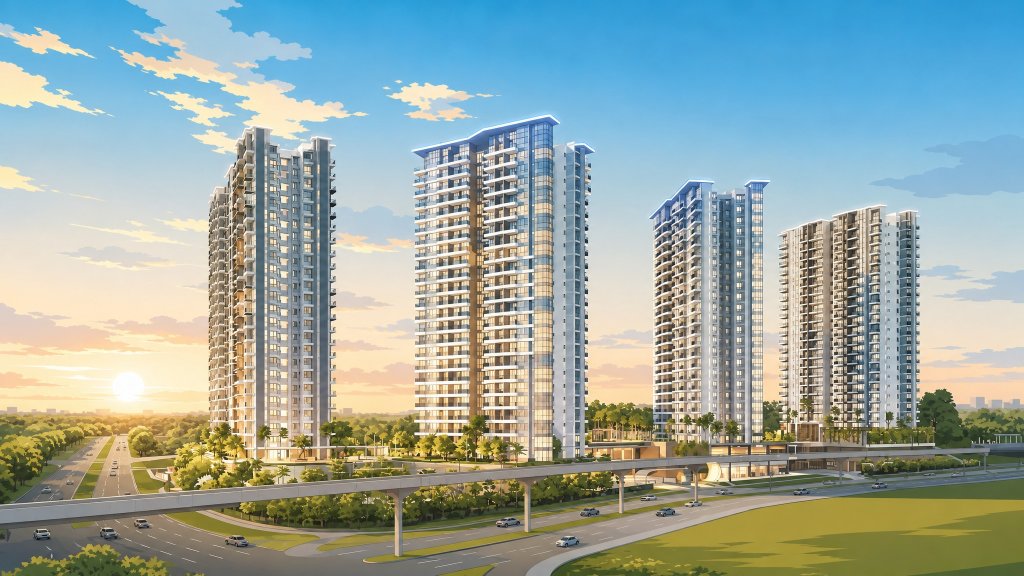 High Park Residences towers at sunset seen from the road
