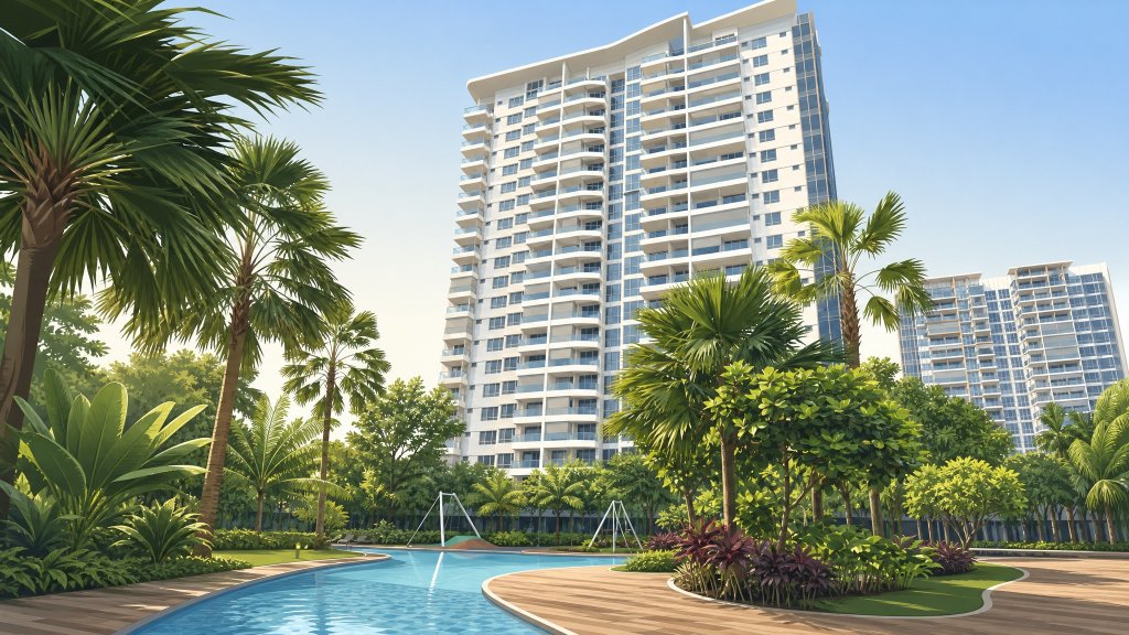 High Park Residences pool and towers framed by palms